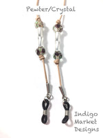 Leather, Pewter and Crystal Eyeglass Cord