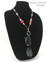 Leather & Red Howlite Eyeglass Ring Necklace
