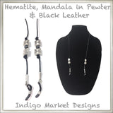 Leather, Hematite, Mandala in Pewter Eyeglass Cord