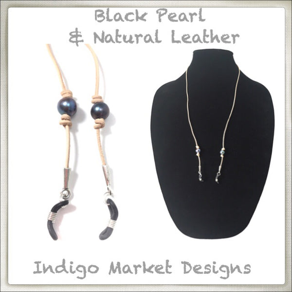 Leather & Black Pearl Eyeglass Cord