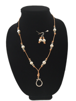 Leather & White Pearl Eyeglass Ring Necklace/Earring Set