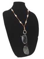 Leather & White Pearl Eyeglass Ring Necklace/Earring Set